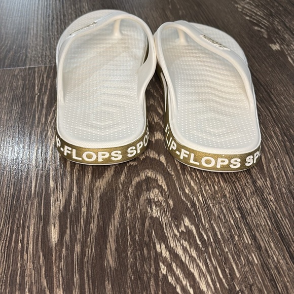Women's White and Gold Flip Flops - Picture 3 of 5